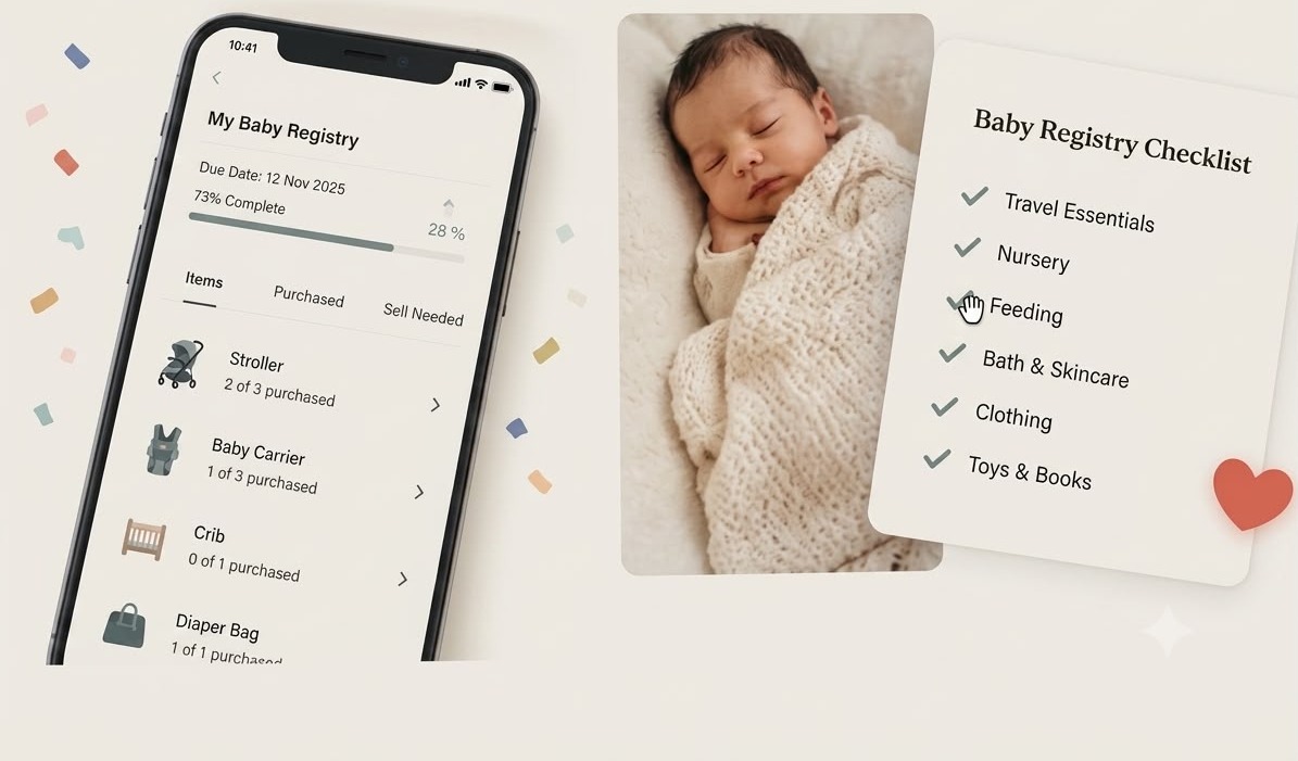 My Baby Registry app, sleeping newborn, and Baby Registry Checklist card